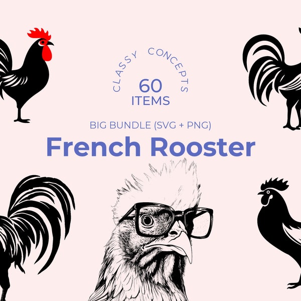 French Rooster SVG Bundle - 60 Cut Files - National Emblem of France in Black and White, Various Styles, Perfect for Crafts and Decorations