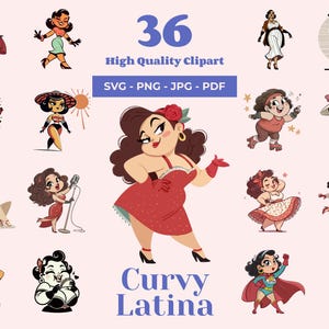 Curvy Latina SVG Bundle - 36 Designs - Retro Clipart - Chubby Latina SVG - Cartoon Style - For Embroidery and Cricut - Latina girls PNG