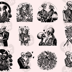 May include: A set of ten black and white illustrations of skeletons in various poses, including couples holding hands, dancing, and getting married. The skeletons are depicted in a romantic and whimsical style, with hearts and flowers surrounding them.