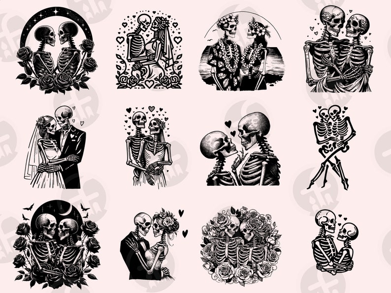 May include: A set of ten black and white illustrations of skeletons in various poses, including couples holding hands, dancing, and getting married. The skeletons are depicted in a romantic and whimsical style, with hearts and flowers surrounding them.