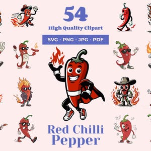 Red Chilli Pepper SVG Bundle - 54 Designs - Spicy Character - Pepper with Fire - Cricut SVG - Retro cartoon - For Sublimation and Stickers