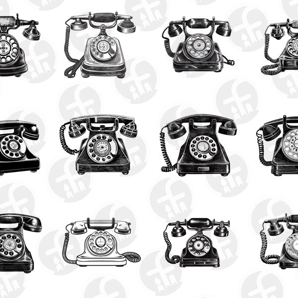 Rotary Dial Telephone SVG - 12 Vintage Designs, Black and White, Old-Fashioned Phone, Digital Download for Cricut & Silhouette