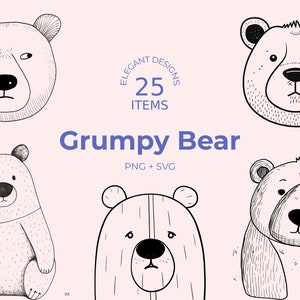 Grumpy Bear SVG - 25 Line Art Designs - Black and White - Frowning Bear Illustration - Instant Download