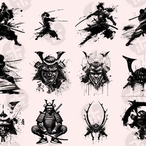 A striking samurai-themed clipart set showcasing 96 designs, including bold silhouettes, detailed helmets, and warriors in dynamic action poses with swords. Highlights feature katana close-ups, traditional samurai stances, and ink-splatter aesthetics