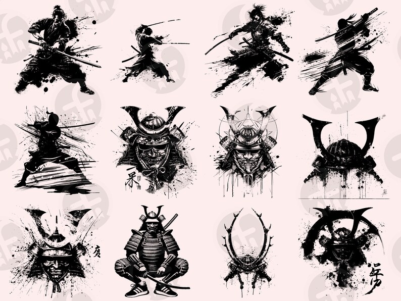 A striking samurai-themed clipart set showcasing 96 designs, including bold silhouettes, detailed helmets, and warriors in dynamic action poses with swords. Highlights feature katana close-ups, traditional samurai stances, and ink-splatter aesthetics