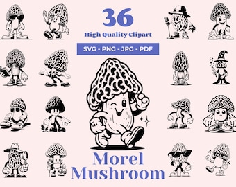 Morel Mushroom SVG Bundle: 36 Retro Cartoon Clipart Designs (Digital Download)