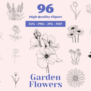 Lot de fleurs de jardin SVG - 96 modèles - dessin au trait floral - élégant clipart botanique - prêt pour la découpe Laser et Cricut - Illustration de fleurs