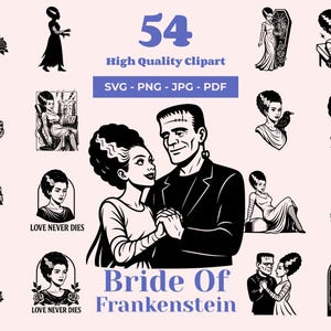 Pode incluir: Conjunto de 54 cliparts em preto e branco de alta qualidade com a Noiva de Frankenstein e o monstro de Frankenstein. As imagens incluem retratos e figuras de corpo inteiro. O texto inclui "Bride of Frankenstein" e "Love Never Dies".