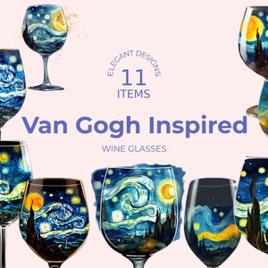 Paquete de imágenes prediseñadas de vino de noche estrellada: 11 diseños inspirados en Van Gogh, imágenes prediseñadas de copas de vino, diseño de sublimación artística, bebidas PNG