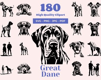Paquete de imágenes prediseñadas de danés: 180 diseños SVG de perros (descarga digital)