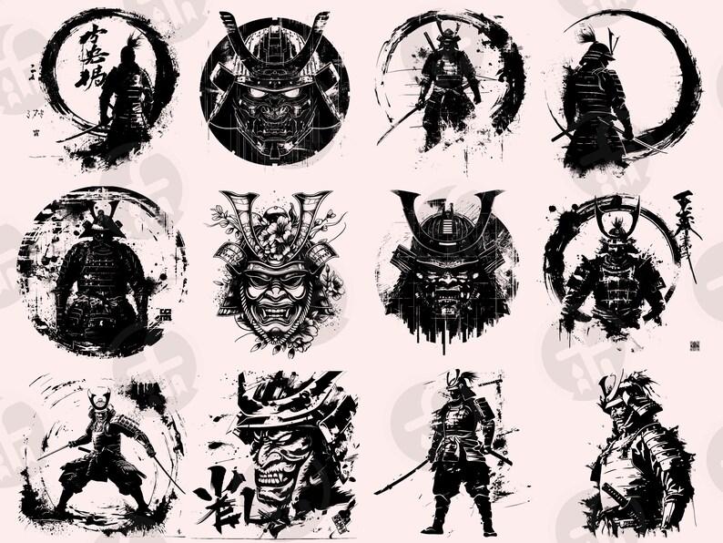 Samurai warriors in diverse styles, featuring elaborate armor, bold brushstroke effects, and iconic swords. The designs range from minimalist silhouettes to detailed, textured compositions, emphasizing the nobility and fierceness of samurai culture