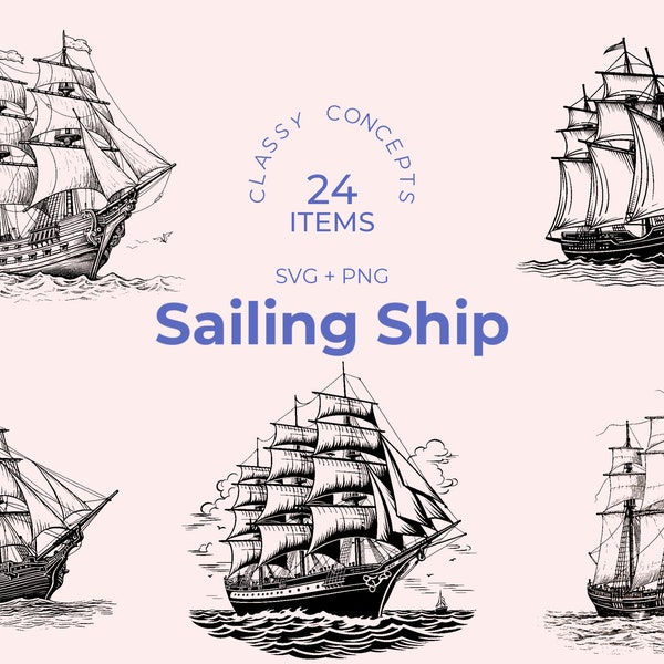 Segelschiff SVG Bundle - 24 Vintage Gravuren - Schnittdateien - Nautisches Abenteuer, Dark Academia, schwarz und weiß, Maritim, Seereise