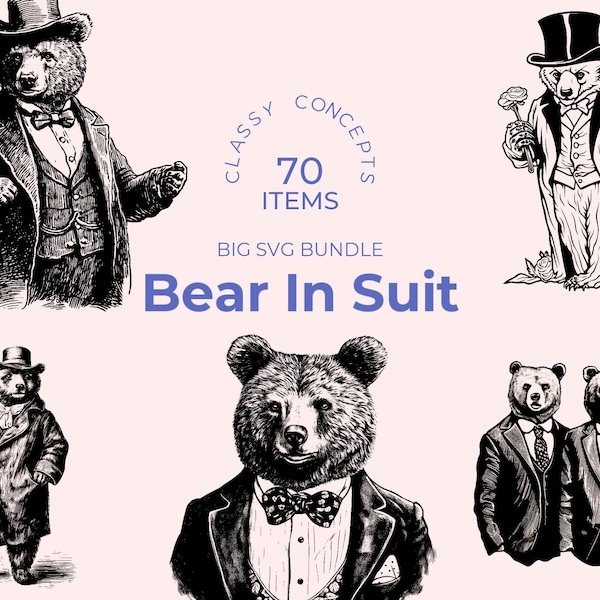 Bear in Suit SVG bundle - 70 Vintage engravings - Cut files - Wall Street Wild, Stocks, Bear Market Chic, Dark Academia, Black and White