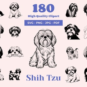 Pacote Shih Tzu SVG - 180 arquivos de corte - Arte de cachorro fofo - Arquivos de sublimação - SVG de animal de estimação fofo - Presente para amantes de cães - Várias silhuetas pretas