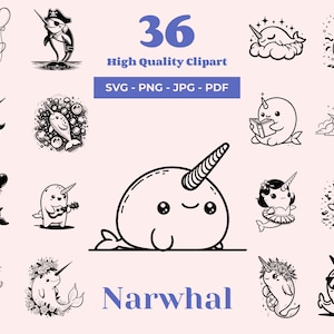 Chibi Narwhal SVG Bundle - 36 Designs - Niedliche Narwal Clipart - Kawaii Narwal PNG - Verträumter Ozean - Laser-Dateien - Meeres Einhorn - Cricut SVG
