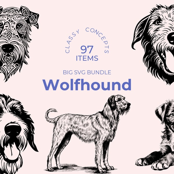 Irish Wolfhound SVG Bundle: 97 Black and White Dog Silhouettes (Digital Download)