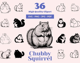 SVG-bundel dikke eekhoorn: 36 clipartontwerpen met bosdieren (digitale download)