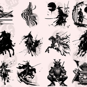 Black-and-white samurai illustrations featuring horse-mounted warriors, intense combat scenes, traditional Japanese landscapes, and intricate masks. The designs blend bold brush strokes, dynamic action poses, and traditional cultural motifs