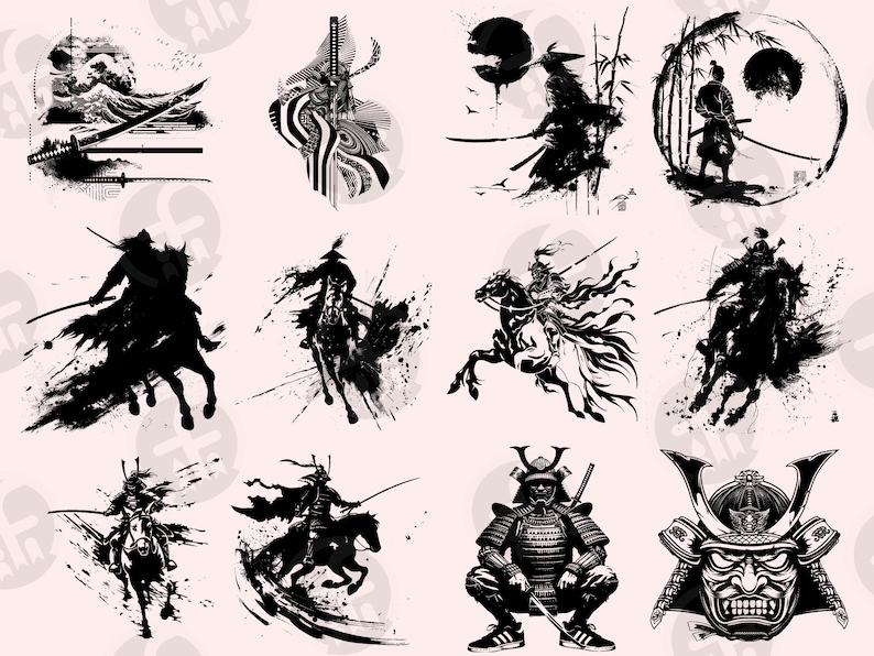 Black-and-white samurai illustrations featuring horse-mounted warriors, intense combat scenes, traditional Japanese landscapes, and intricate masks. The designs blend bold brush strokes, dynamic action poses, and traditional cultural motifs