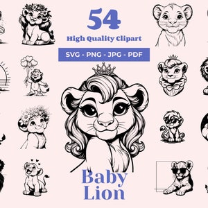 Paquete SVG de león bebé: 54 diseños, Simba SVG, decoración de guardería, imágenes prediseñadas de león, princesa león, Cricut SVG, descarga digital, archivos láser