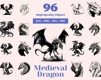Medieval Dragon SVG Bundle: 96 Fantasy Clipart Designs (Digital Download)