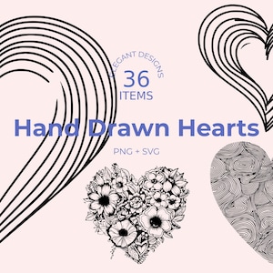 Hand Drawn Hearts SVG: 36 Black & White Line Art Designs (Digital Download)