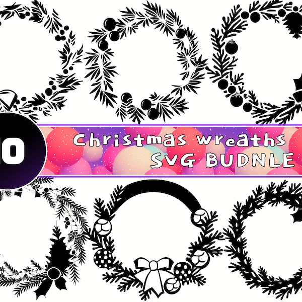 Christmas wreath SVG bundle - 10 unique images - Winter floral ornaments - Instant Download -  Christmas decorations vector illustrations