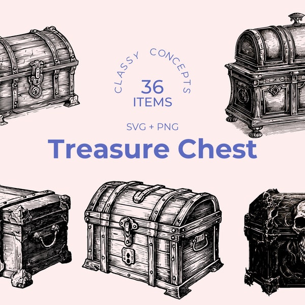 Treasure Chest SVG bundle - 36 Vintage engravings - Cut files - Hidden Riches, Dark Academia, Black and White, Nautical Loot, Adventure