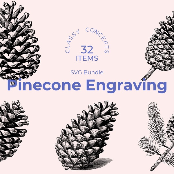 Pinecone SVG Bundle - 32 Vintage Gravuren - Schnittdateien - Geometry der Natur, Dark Academia