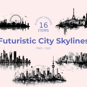 未来都市スカイライン SVG バンドル - サイバーパンクとネオンにインスパイアされた 16 の都市景観 - 人気都市 - 白黒