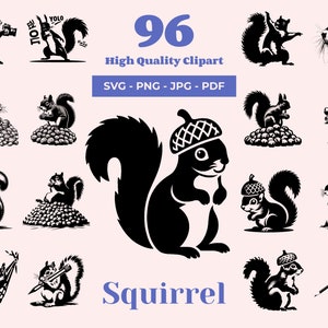 Bundle SVG écureuil - 96 fichiers coupés - dessins pour découpe laser, Cricut et sublimation - animaux de la forêt - écureuil danse des cliparts