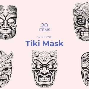 Tikimasker SVG - 20 unieke ontwerpen - zwart-witte kunst - Cricut SVG-bestanden - tropisch thema - Polynesisch decor