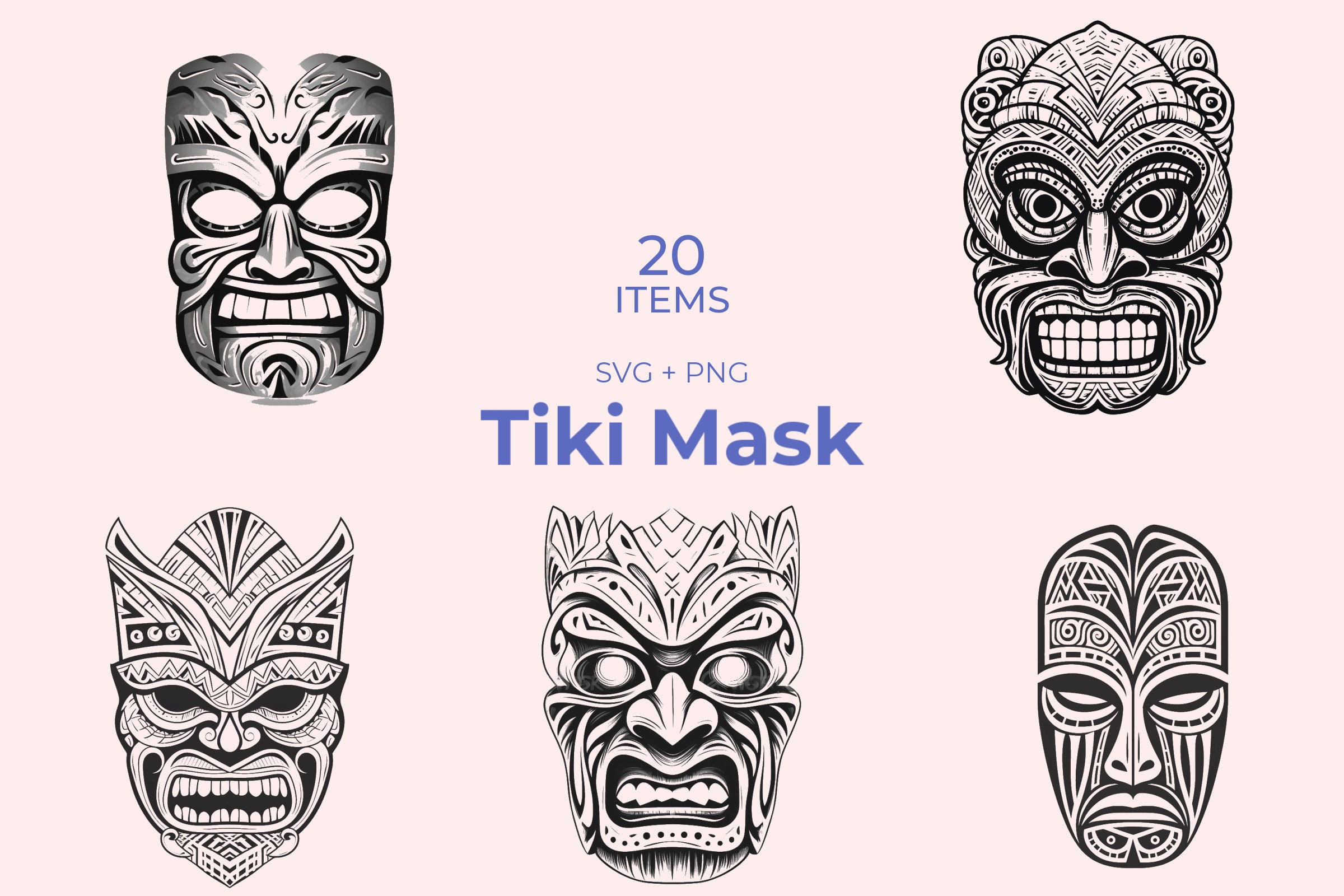 Tiki Mask SVG 20 Unique Designs Black and White Art - Etsy