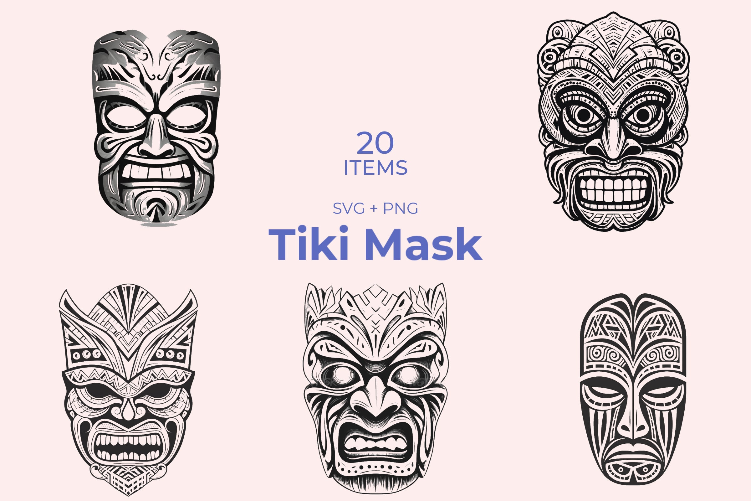 Tiki Mask SVG 20 Unique Designs Black and White Art Etsy