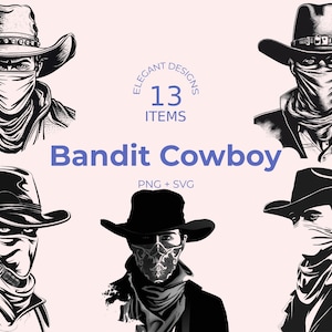 Máscara de bandido de cowboy SVG - 13 Arquivo de arte digital - Design de fora da lei do oeste selvagem - Bandana ocidental - Download instantâneo