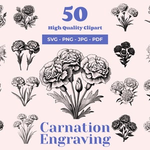 Pacote SVG de cravos - 50 designs vintage - Arte de gravura floral - Decoração de cartão postal - Clipart elegante de cravos - Pronto para Cricut e corte a laser