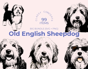 Paquete SVG de perro pastor inglés antiguo: 99 archivos de corte de perros peludos (descarga digital)