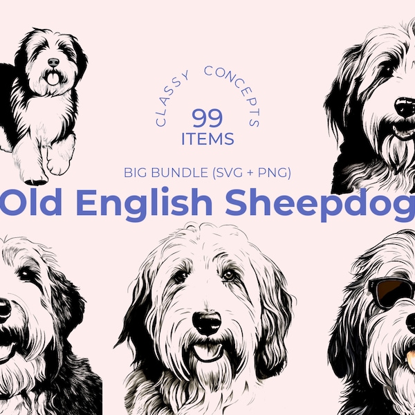 Old English Sheepdog SVG Bundle - 99 Cut Files - Bobtail Dog - Fluffy Dog Silhouette - SVGs Optimized for Crafting