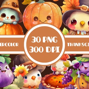 Pacote de clipart de ação de graças em aquarela kawaii - 30 imagens exclusivas - Download instantâneo - Pacotes de desconto em clipart - Clipart fofo de outono