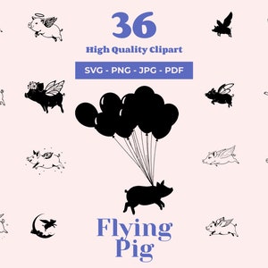 Paquete SVG de cerdo volador: 36 diseños, silueta de cerdo volador, arte divertido de cerditos, archivos de manualidades, imágenes prediseñadas de fantasía, archivos Cricut, proyectos de bricolaje