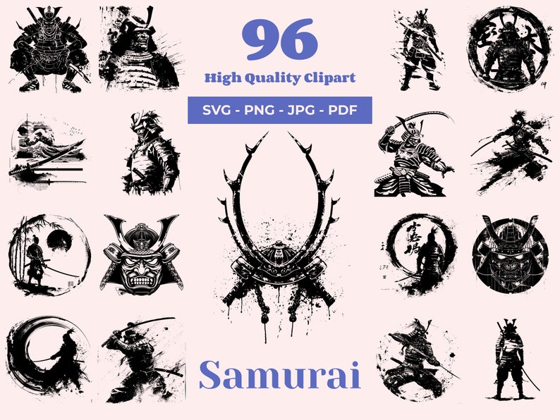 A collection of 96 samurai clipart designs featuring dramatic poses, helmets, swords, and traditional Japanese art styles. The images include warriors in action, iconic samurai masks, dynamic battle scenes, and intricate katana details.