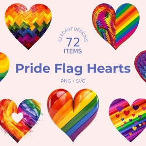 Drapeau de la fierté coeurs SVG - 72 modèles - bundle PNG LGBT - svg et png colorés - symbole d'amour unique - graphiques par sublimation