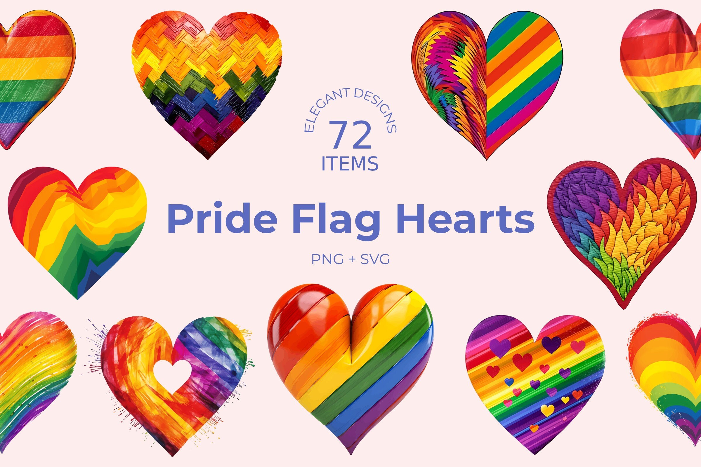 Pride Flag SVG Hearts - 72 Designs - LGBT PNG Bundle - Colourful