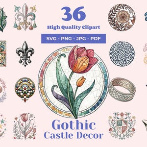 Puede incluir: Un conjunto de 36 imágenes de clipart de decoración de castillo gótico de alta calidad en formatos SVG, PNG, JPG y PDF. Las imágenes presentan una variedad de diseños, que incluyen vidrieras, flores de lis, tulipanes y cruces.