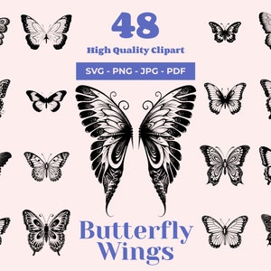 Pacote SVG de asas de borboleta - 48 designs - clipart de insetos - design inspirado na natureza - preto e branco - Cricut SVG - arquivos a laser