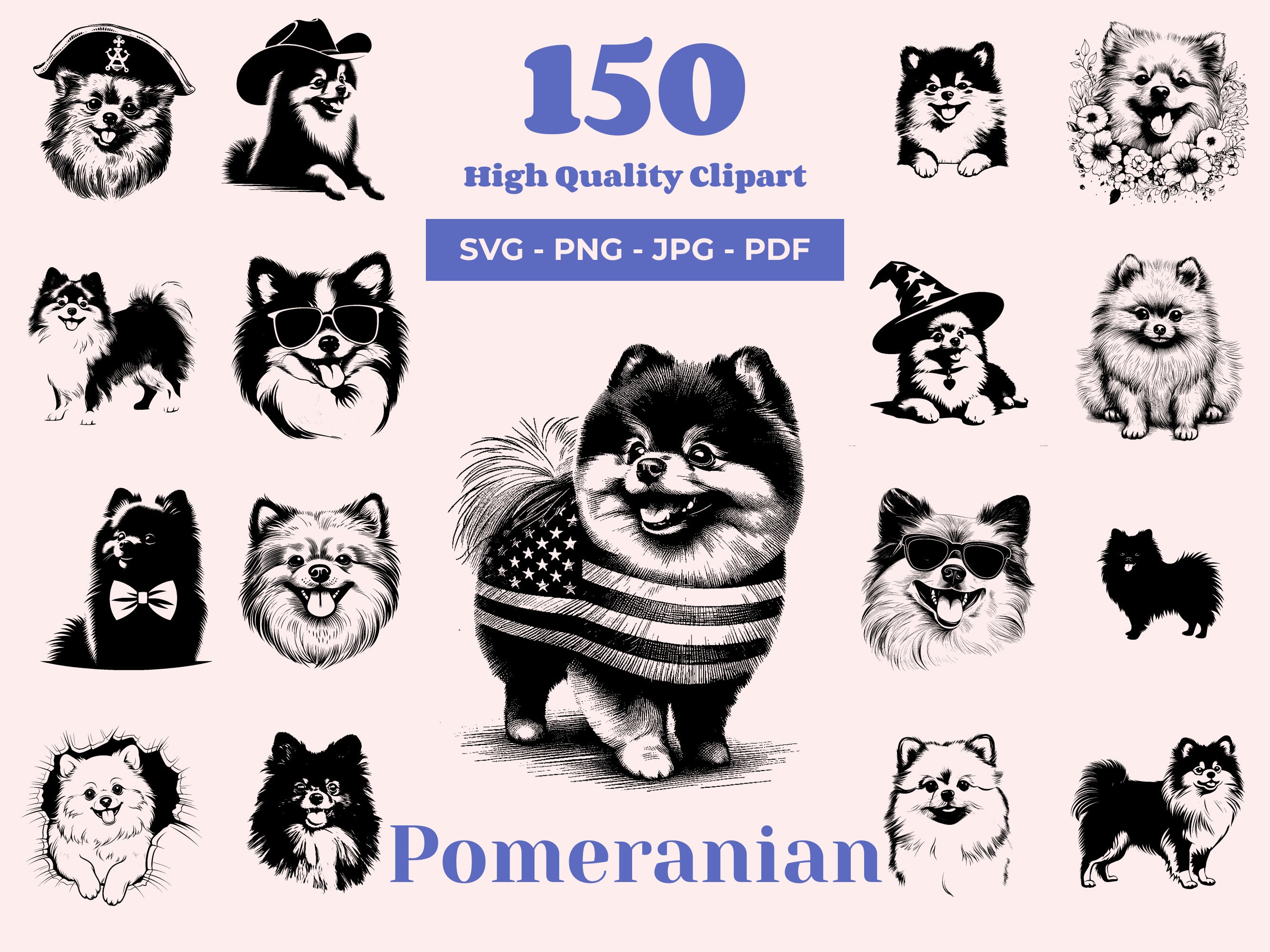 ポメラニアン SVG クリップアート バンドル: 150 種類の犬のデザイン