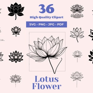 Pacchetto SVG Lotus Flower - 36 file di taglio - Disegni spirituali per taglio laser, Cricut, tatuaggio e sublimazione - Tranquil Floral Artwork