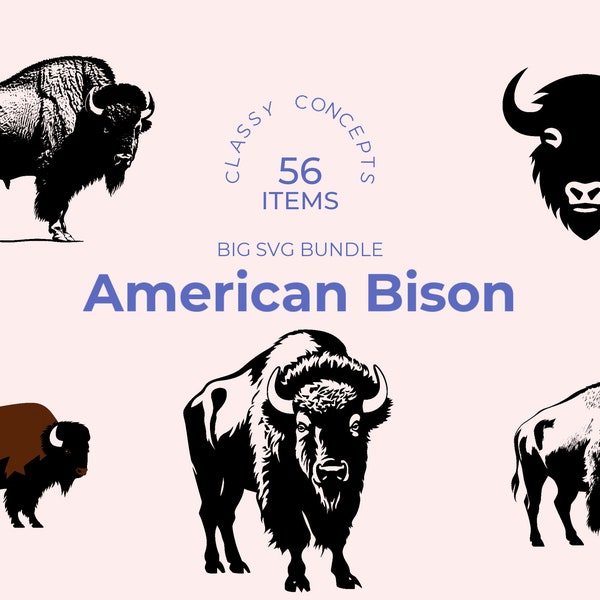 American Bison SVG - 56 Cut Files - Buffalo - National Mammal of the USA in Black and White, Ideal for DIY and Patriotic Artwork