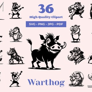 Warthog SVG Bundle - 36 Cut Files - Funny Designs for Laser Cutting, Cricut, and Sublimation - African Hog clip art - Pumbaa - Cartoon style