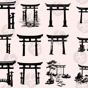 May include: A collection of ten black and white silhouette illustrations of traditional Japanese torii gates. The gates are depicted in various styles and settings, including a gate with a reflection in water, a gate with a bridge, and a gate with a path leading to it.